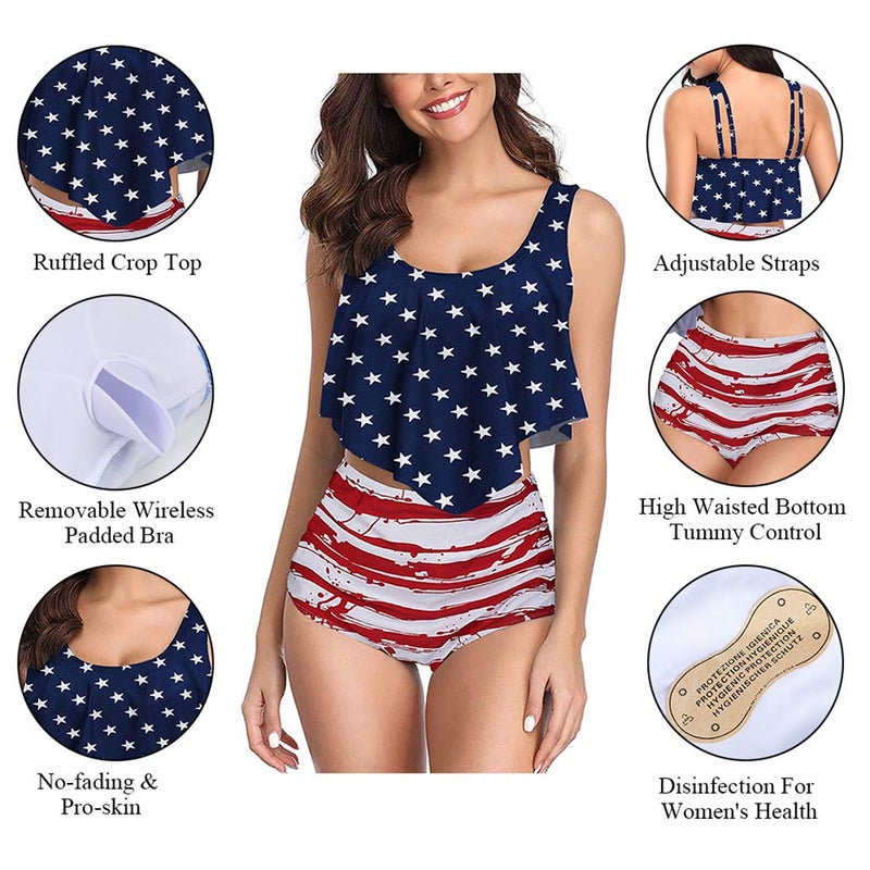 Adisputent Women High Waisted Swimsuit Flounce Swimwear Racerback Vintage Two Piece Bikini (American Flag,L) - Image 4